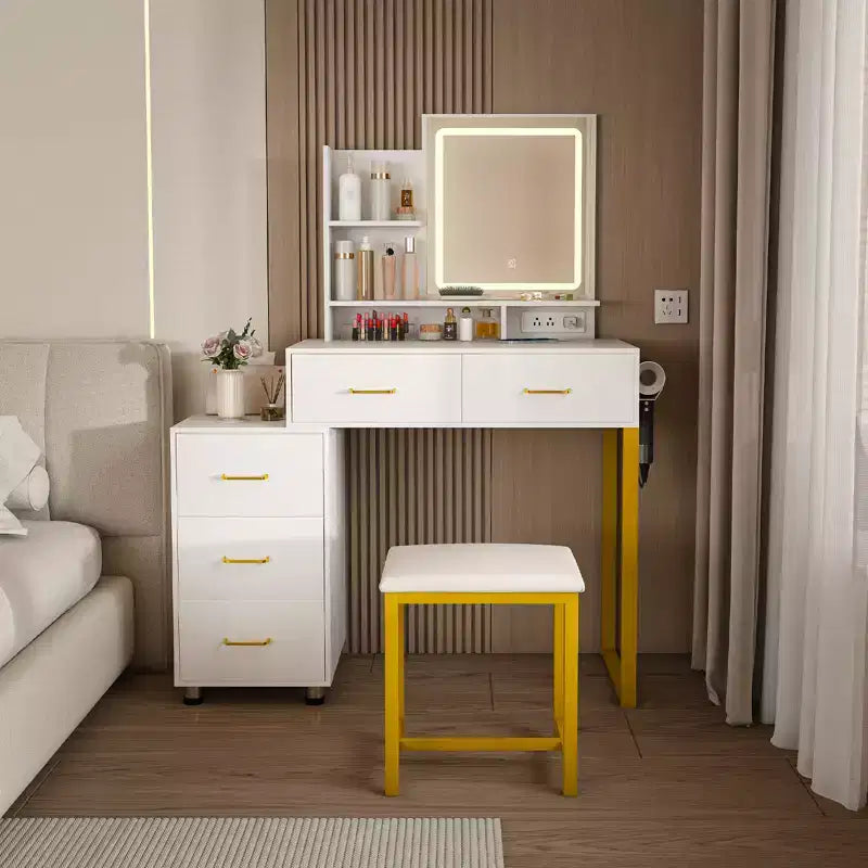 JVNOXK Vanity Table with LED Lights, 3 Color Modes and USB Port, 5 Drawers, Sturdy Metal Legs and Metal Chair, for Bedroom & Dressing Room, White