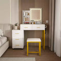 JVNOXK Vanity Table with LED Lights, 3 Color Modes and USB Port, 5 Drawers, Sturdy Metal Legs and Metal Chair, for Bedroom & Dressing Room, White