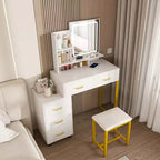 JVNOXK Coiffeuse avec lumières LED, 3 modes de couleur et port USB, 5 tiroirs, pieds et chaise en métal robustes, pour chambre et dressing, blanc