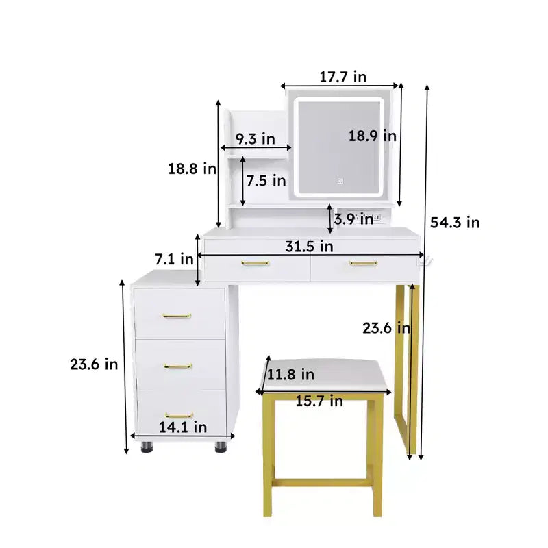 JVNOXK Coiffeuse avec lumières LED, 3 modes de couleur et port USB, 5 tiroirs, pieds et chaise en métal robustes, pour chambre et dressing, blanc