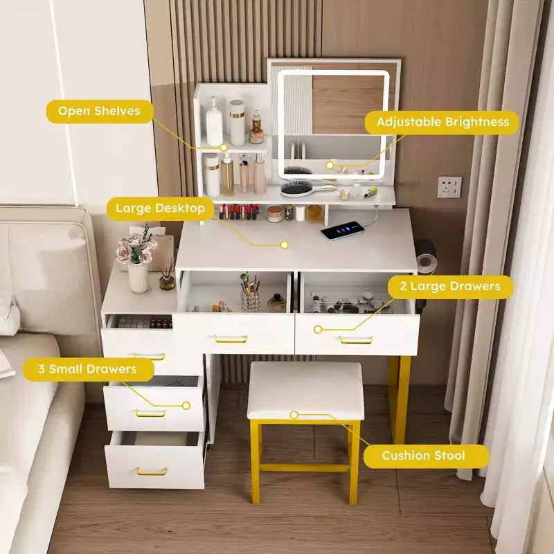 JVNOXK Coiffeuse avec lumières LED, 3 modes de couleur et port USB, 5 tiroirs, pieds et chaise en métal robustes, pour chambre et dressing, blanc