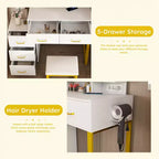 JVNOXK Coiffeuse avec lumières LED, 3 modes de couleur et port USB, 5 tiroirs, pieds et chaise en métal robustes, pour chambre et dressing, blanc