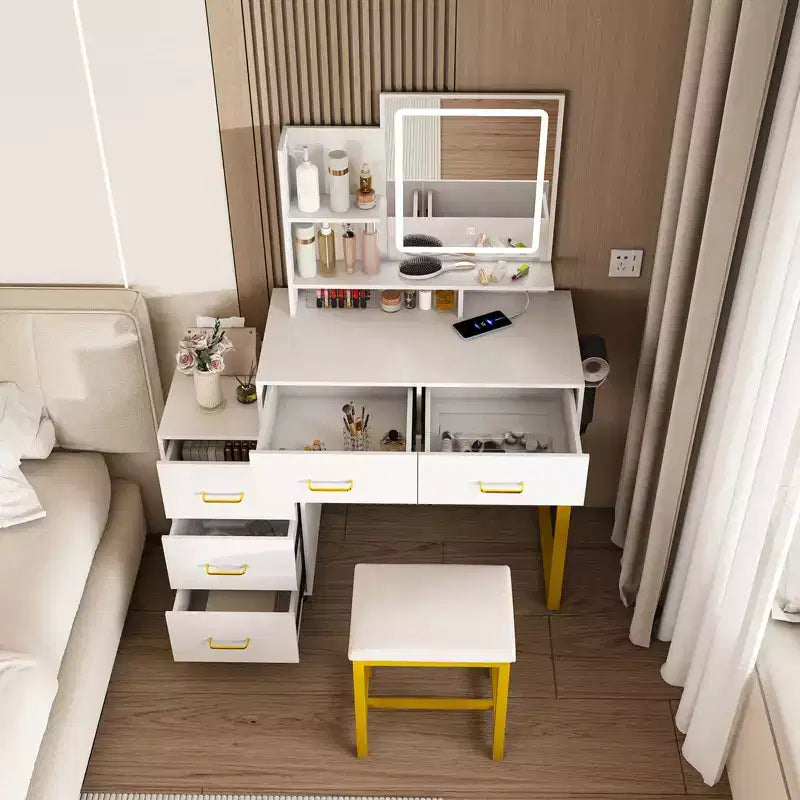 JVNOXK Coiffeuse avec lumières LED, 3 modes de couleur et port USB, 5 tiroirs, pieds et chaise en métal robustes, pour chambre et dressing, blanc