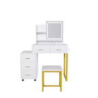 JVNOXK Coiffeuse avec lumières LED, 3 modes de couleur et port USB, 5 tiroirs, pieds et chaise en métal robustes, pour chambre et dressing, blanc