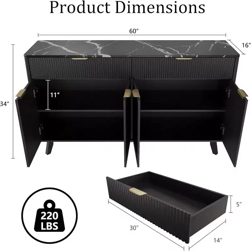 Buffet de rangement de 60" avec 2 tiroirs, 4 portes et étagères réglables pour salle à manger, salon