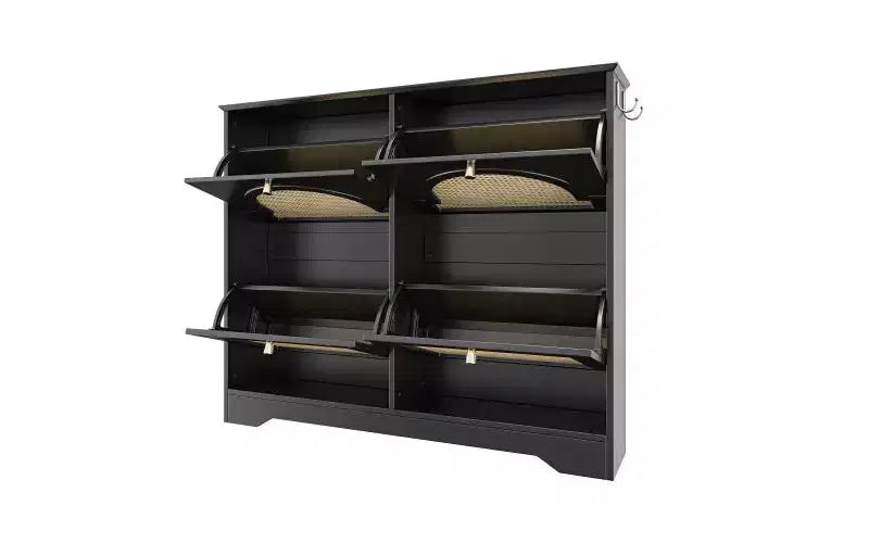 JVNOXK Meuble à chaussures étroit de style Mid-Century avec 4 tiroirs basculants et portes en rotin, Organisateur de chaussures à benne basculante avec 2 crochets pour entrée et couloir, Noir
