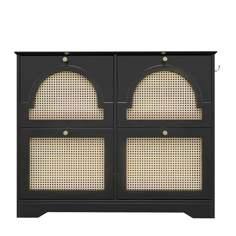 JVNOXK Meuble à chaussures étroit de style Mid-Century avec 4 tiroirs basculants et portes en rotin, Organisateur de chaussures à benne basculante avec 2 crochets pour entrée et couloir, Noir