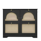 JVNOXK Meuble à chaussures étroit de style Mid-Century avec 4 tiroirs basculants et portes en rotin, Organisateur de chaussures à benne basculante avec 2 crochets pour entrée et couloir, Noir