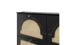 JVNOXK Meuble à chaussures étroit de style Mid-Century avec 4 tiroirs basculants et portes en rotin, Organisateur de chaussures à benne basculante avec 2 crochets pour entrée et couloir, Noir