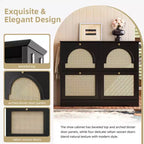 JVNOXK Meuble à chaussures étroit de style Mid-Century avec 4 tiroirs basculants et portes en rotin, Organisateur de chaussures à benne basculante avec 2 crochets pour entrée et couloir, Noir