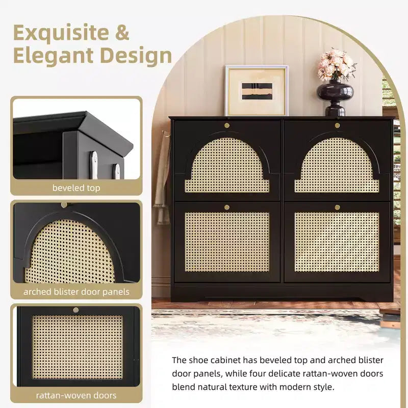 JVNOXK Meuble à chaussures étroit de style Mid-Century avec 4 tiroirs basculants et portes en rotin, Organisateur de chaussures à benne basculante avec 2 crochets pour entrée et couloir, Noir