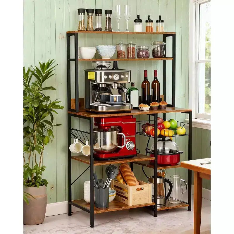 Étagère de Cuisine avec Prise de Courant, Support de Four à Micro-ondes avec Rangement 4 Niveaux, Étagère de Rangement de Cuisine avec 6 Crochets en S pour Épices, Casseroles
