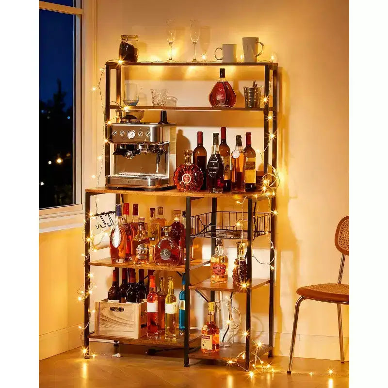 Étagère de Cuisine avec Prise de Courant, Support de Four à Micro-ondes avec Rangement 4 Niveaux, Étagère de Rangement de Cuisine avec 6 Crochets en S pour Épices, Casseroles