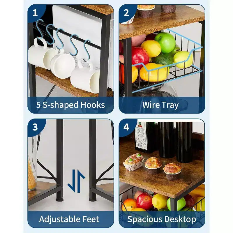 Étagère de Cuisine avec Prise de Courant, Support de Four à Micro-ondes avec Rangement 4 Niveaux, Étagère de Rangement de Cuisine avec 6 Crochets en S pour Épices, Casseroles