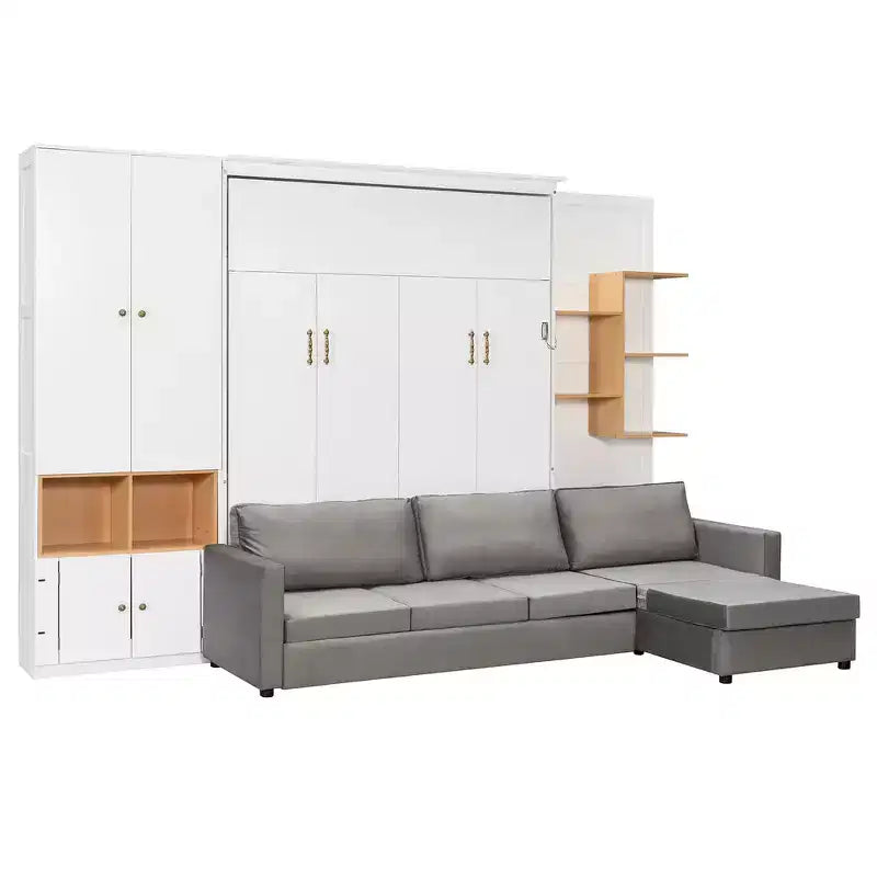 Lit escamotable Whisen Queen avec canapé gris, étagères de rangement et armoires