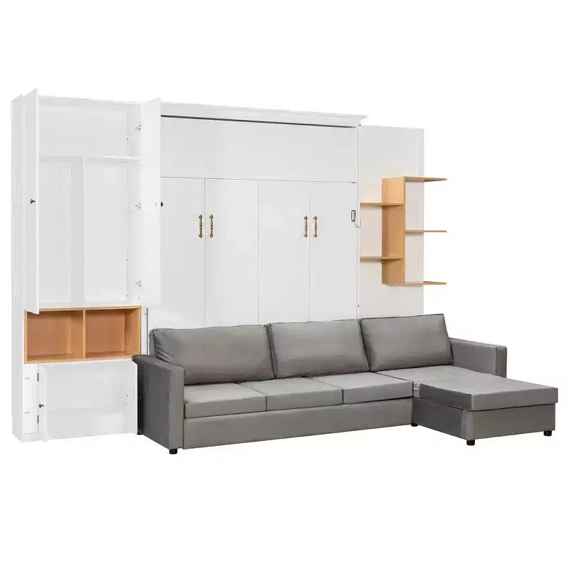 Lit escamotable Whisen Queen avec canapé gris, étagères de rangement et armoires