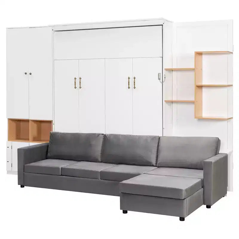 Lit escamotable Whisen Queen avec canapé gris, étagères de rangement et armoires
