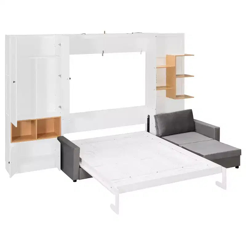 Lit escamotable Whisen Queen avec canapé gris, étagères de rangement et armoires