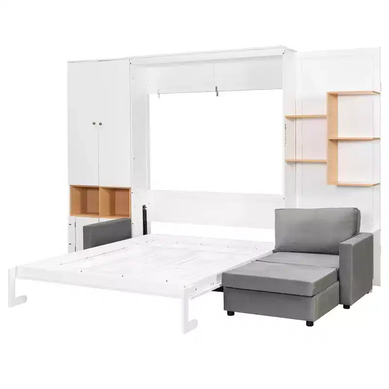 Lit escamotable Whisen Queen avec canapé gris, étagères de rangement et armoires