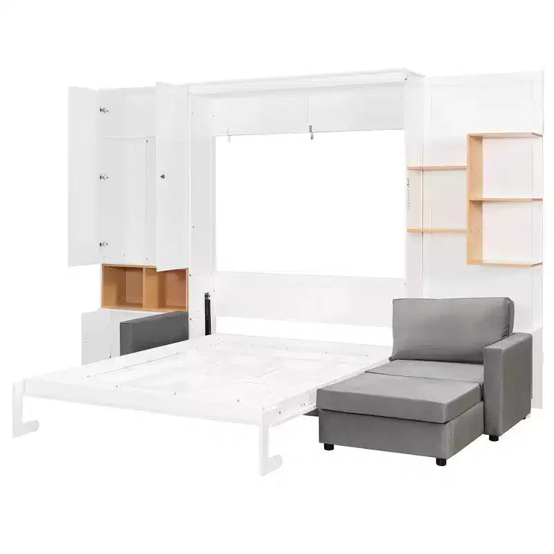 Lit escamotable Whisen Queen avec canapé gris, étagères de rangement et armoires