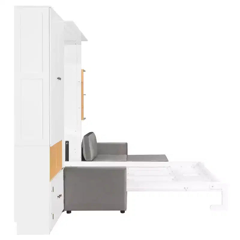 Lit escamotable Whisen Queen avec canapé gris, étagères de rangement et armoires