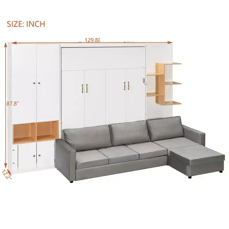 Lit escamotable Whisen Queen avec canapé gris, étagères de rangement et armoires