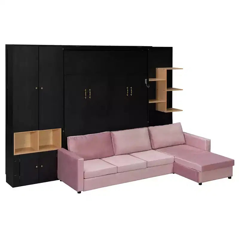 Lit escamotable Whisen Queen avec canapé gris, étagères de rangement et armoires