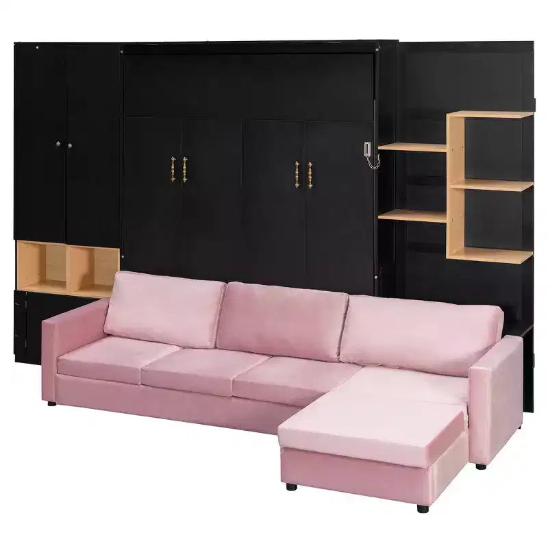 Lit escamotable Whisen Queen avec canapé gris, étagères de rangement et armoires