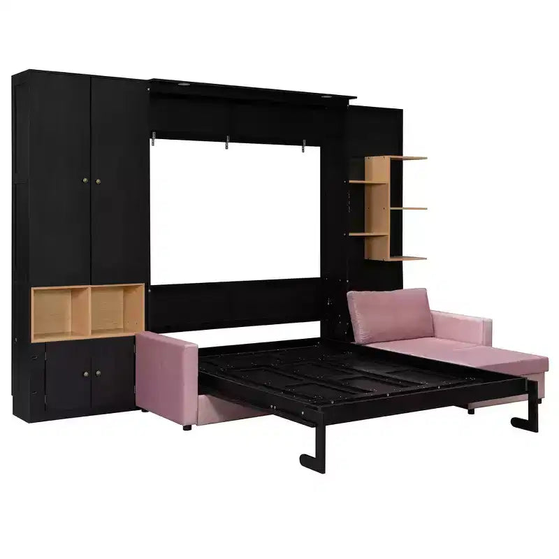 Lit escamotable Whisen Queen avec canapé gris, étagères de rangement et armoires