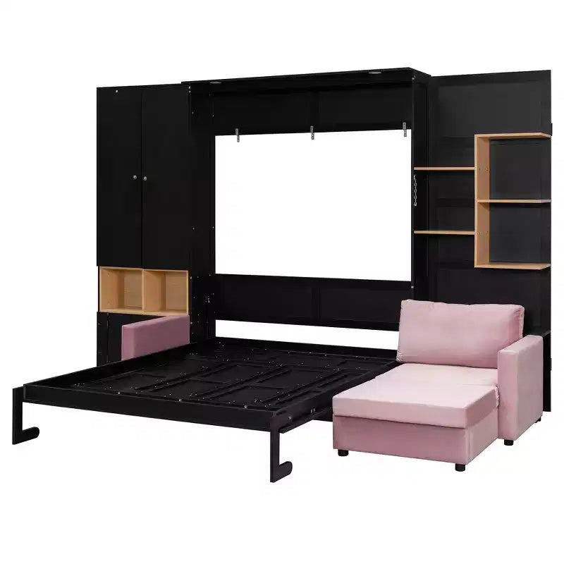 Lit escamotable Whisen Queen avec canapé gris, étagères de rangement et armoires