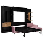 Lit escamotable Whisen Queen avec canapé gris, étagères de rangement et armoires