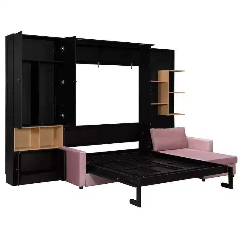 Lit escamotable Whisen Queen avec canapé gris, étagères de rangement et armoires