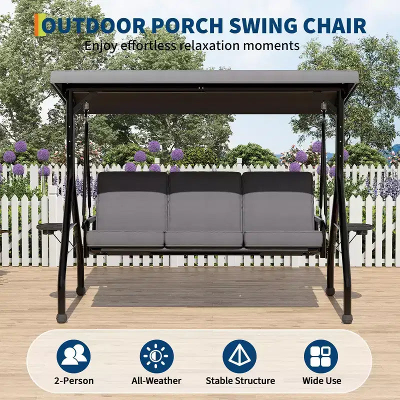 Balançoire de porche Coolmee 3 places, balançoire de patio 2 en 1 avec coussins amovibles épaissis, cadre en acier résistant aux intempéries pour jardin, cour arrière