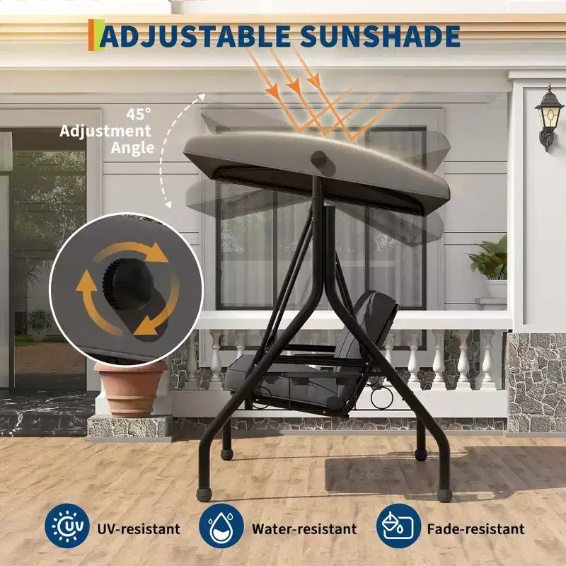 Balançoire de porche Coolmee 3 places, balançoire de patio 2 en 1 avec coussins amovibles épaissis, cadre en acier résistant aux intempéries pour jardin, cour arrière