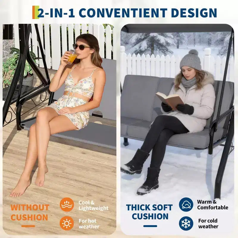 Balançoire de porche Coolmee 3 places, balançoire de patio 2 en 1 avec coussins amovibles épaissis, cadre en acier résistant aux intempéries pour jardin, cour arrière