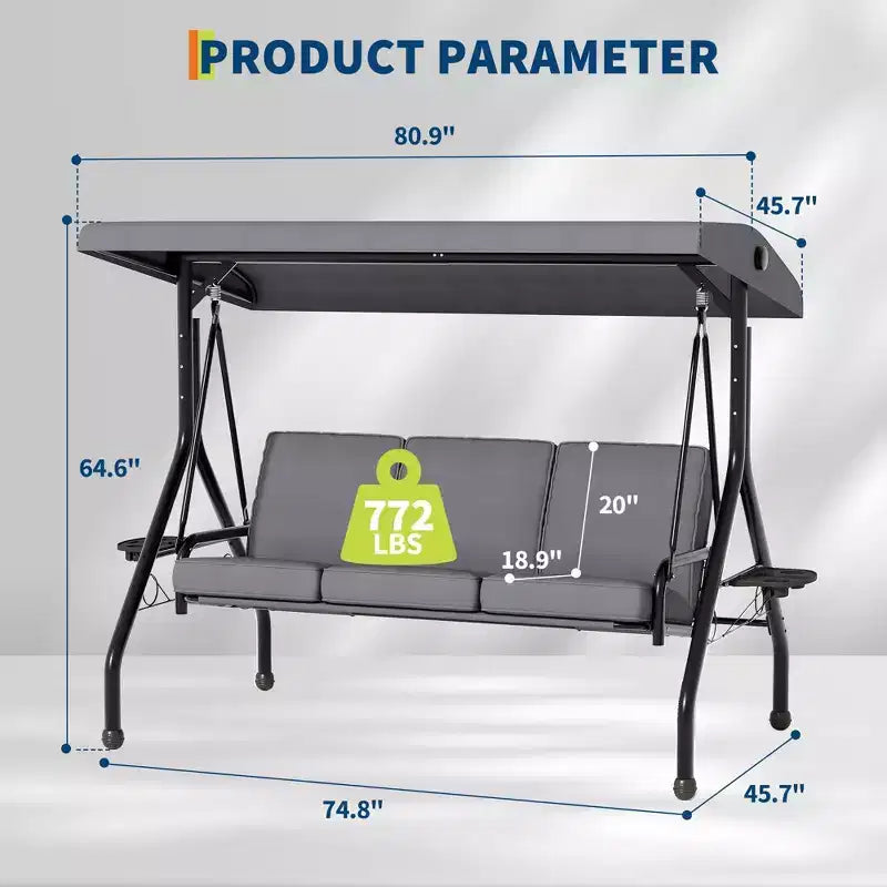 Balançoire de porche Coolmee 3 places, balançoire de patio 2 en 1 avec coussins amovibles épaissis, cadre en acier résistant aux intempéries pour jardin, cour arrière