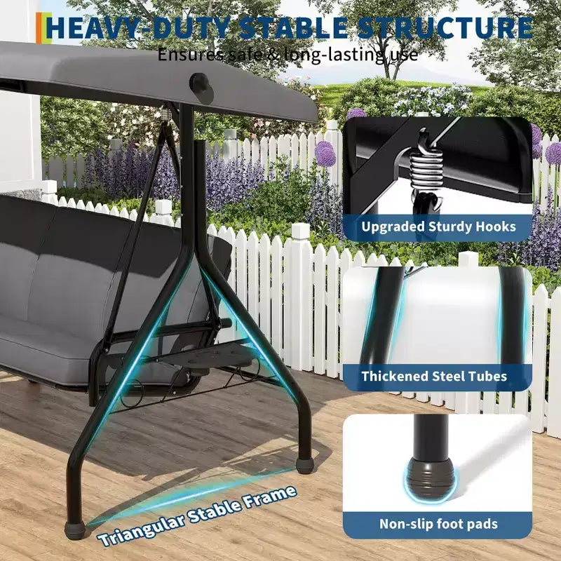 Balançoire de porche Coolmee 3 places, balançoire de patio 2 en 1 avec coussins amovibles épaissis, cadre en acier résistant aux intempéries pour jardin, cour arrière