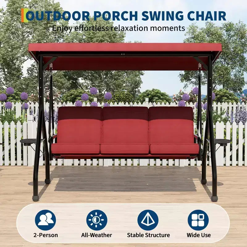 Balançoire de porche Coolmee 3 places, balançoire de patio 2 en 1 avec coussins amovibles épaissis, cadre en acier résistant aux intempéries pour jardin, cour arrière
