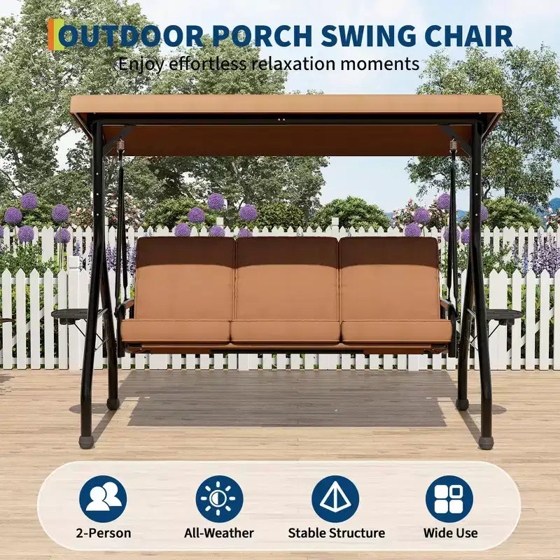 Balançoire de porche Coolmee 3 places, balançoire de patio 2 en 1 avec coussins amovibles épaissis, cadre en acier résistant aux intempéries pour jardin, cour arrière