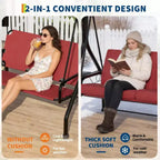 Balançoire de porche Coolmee 3 places, balançoire de patio 2 en 1 avec coussins amovibles épaissis, cadre en acier résistant aux intempéries pour jardin, cour arrière