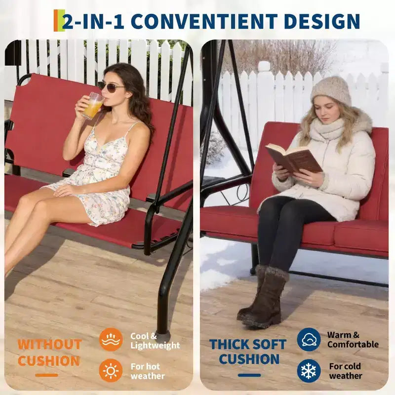 Balançoire de porche Coolmee 3 places, balançoire de patio 2 en 1 avec coussins amovibles épaissis, cadre en acier résistant aux intempéries pour jardin, cour arrière