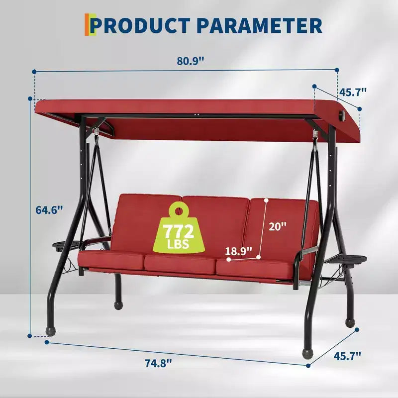 Balançoire de porche Coolmee 3 places, balançoire de patio 2 en 1 avec coussins amovibles épaissis, cadre en acier résistant aux intempéries pour jardin, cour arrière
