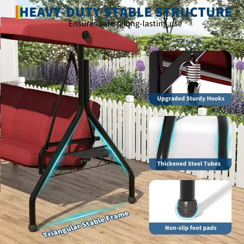 Balançoire de porche Coolmee 3 places, balançoire de patio 2 en 1 avec coussins amovibles épaissis, cadre en acier résistant aux intempéries pour jardin, cour arrière