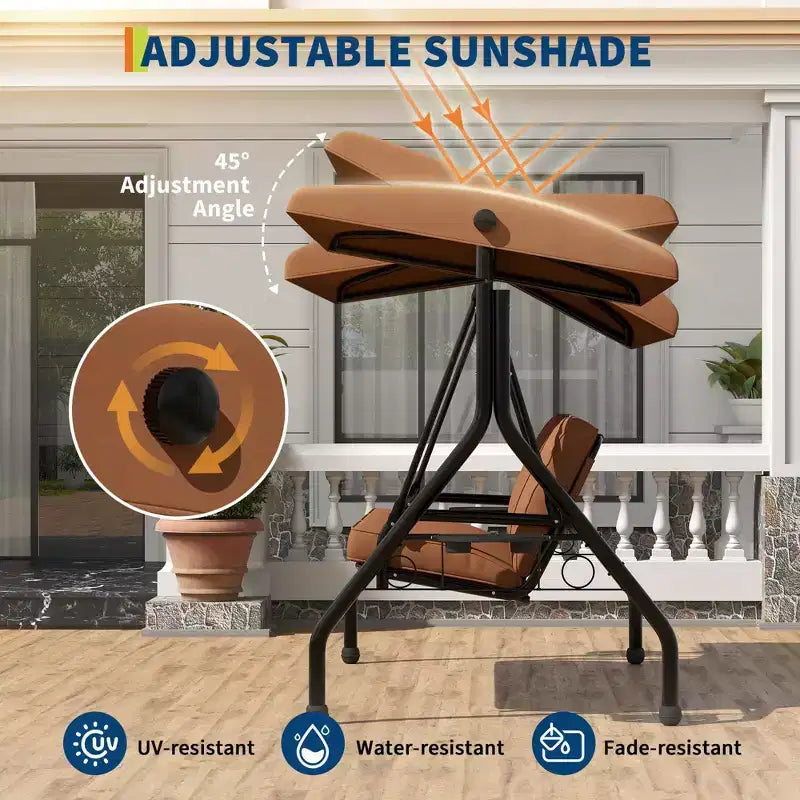 Balançoire de porche Coolmee 3 places, balançoire de patio 2 en 1 avec coussins amovibles épaissis, cadre en acier résistant aux intempéries pour jardin, cour arrière