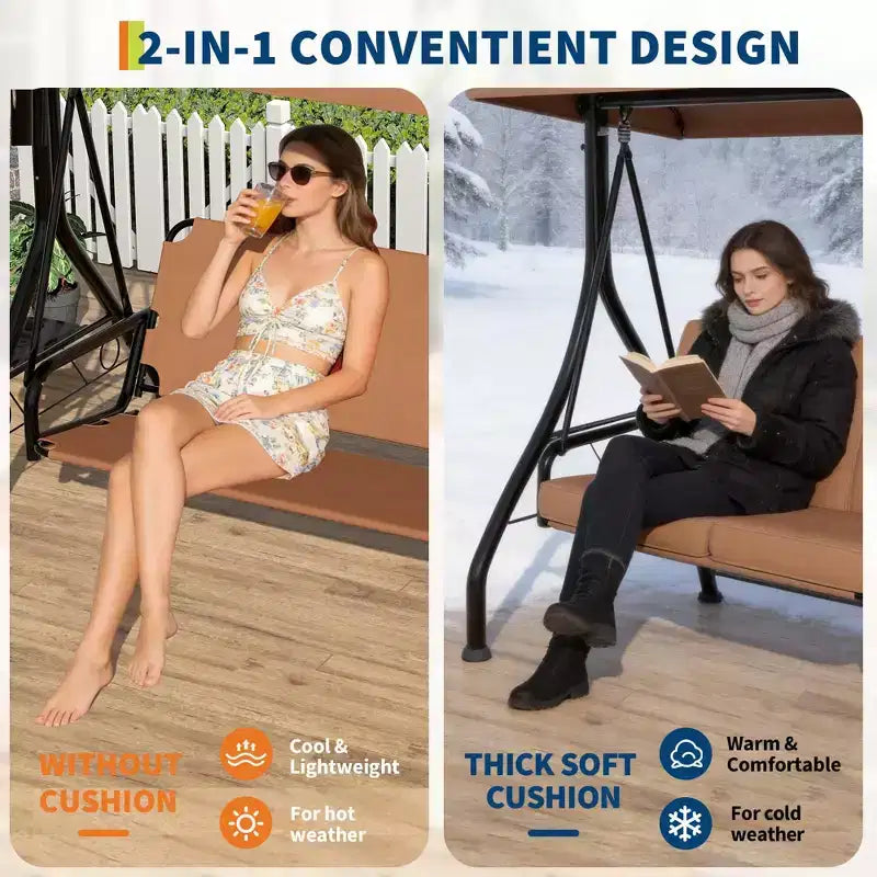 Balançoire de porche Coolmee 3 places, balançoire de patio 2 en 1 avec coussins amovibles épaissis, cadre en acier résistant aux intempéries pour jardin, cour arrière