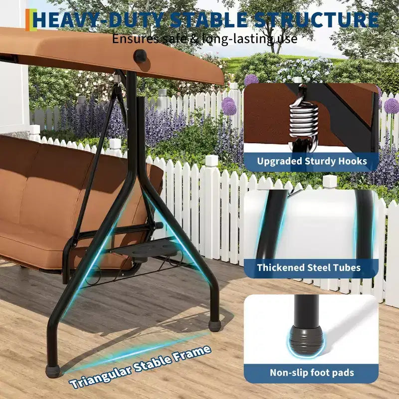 Balançoire de porche Coolmee 3 places, balançoire de patio 2 en 1 avec coussins amovibles épaissis, cadre en acier résistant aux intempéries pour jardin, cour arrière