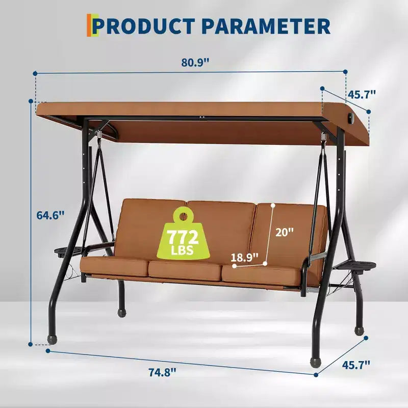 Balançoire de porche Coolmee 3 places, balançoire de patio 2 en 1 avec coussins amovibles épaissis, cadre en acier résistant aux intempéries pour jardin, cour arrière