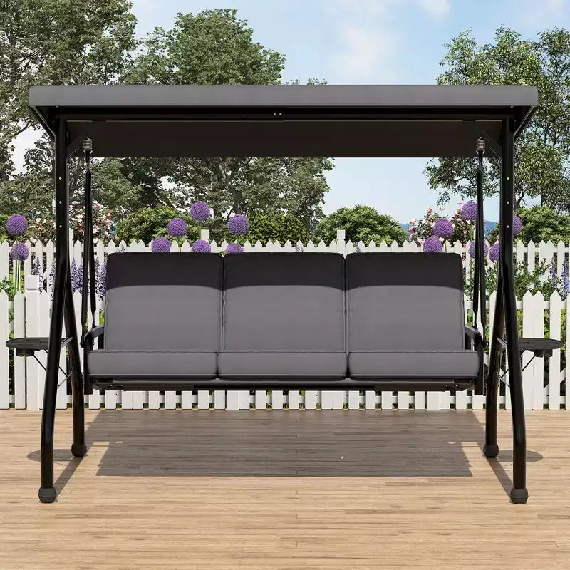 Balançoire de porche Coolmee 3 places, balançoire de patio 2 en 1 avec coussins amovibles épaissis, cadre en acier résistant aux intempéries pour jardin, cour arrière