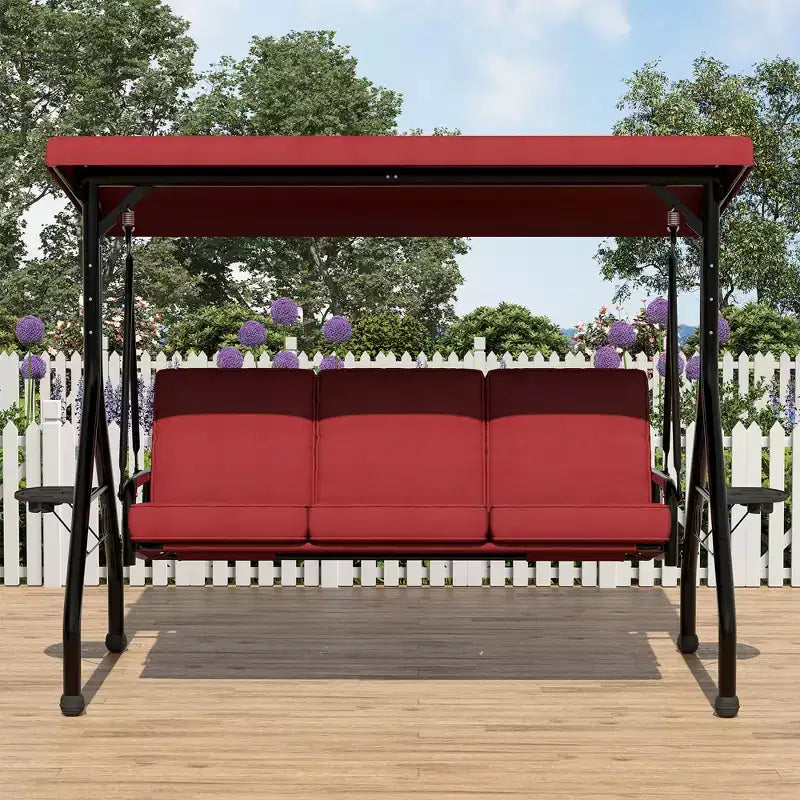 Balançoire de porche Coolmee 3 places, balançoire de patio 2 en 1 avec coussins amovibles épaissis, cadre en acier résistant aux intempéries pour jardin, cour arrière