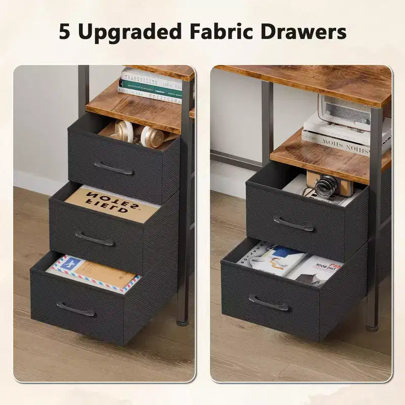 Bureau d'ordinateur brun de 61 pouces avec station de charge, bureau de jeu avec lumières LED, 5 tiroirs en tissu réversibles, table d'écriture et de rangement pour bureau à domicile